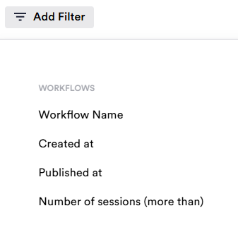 Add Filter is clicked, and the Workflow name, Created at, Published at, and Number of sessions options appear.