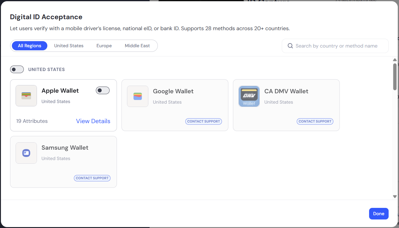 The Digital ID Acceptance modal, allowing you to select different device wallets acceptable for the flow.