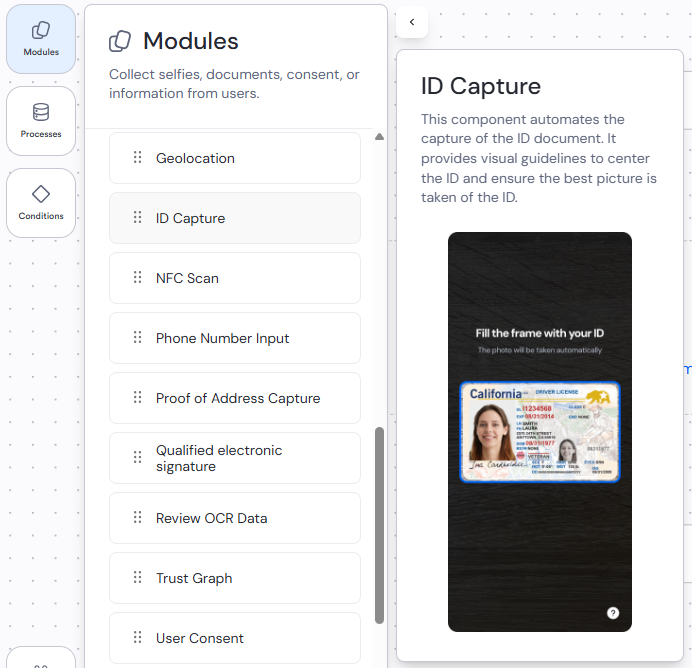 The cursor hovers over the ID Capture module, and a short description and image of the module's user experience appear.