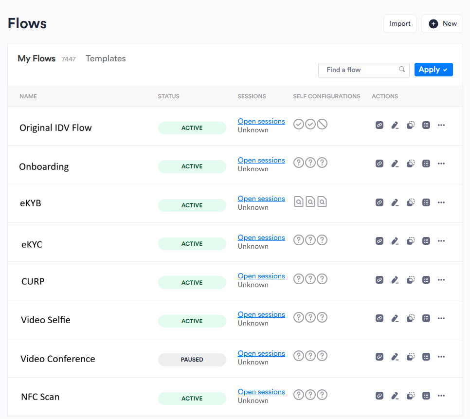 The Flows page in Dashboard, showing a table with the names and statuses of Flows.