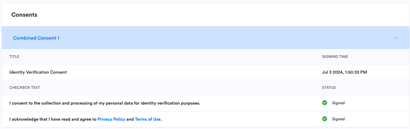 Shows the consent's title, checkbox text, if the user signed, and the date and time they signed.