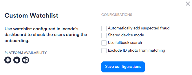 Image of the Custom Watchlist module's configuration panel in Workflows. Has four configuration options.