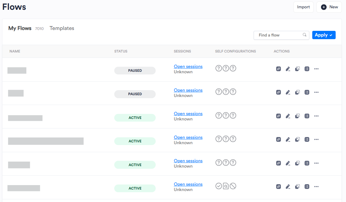 The Flows page in Dashboard, showing a table with the names and statuses of Flows.