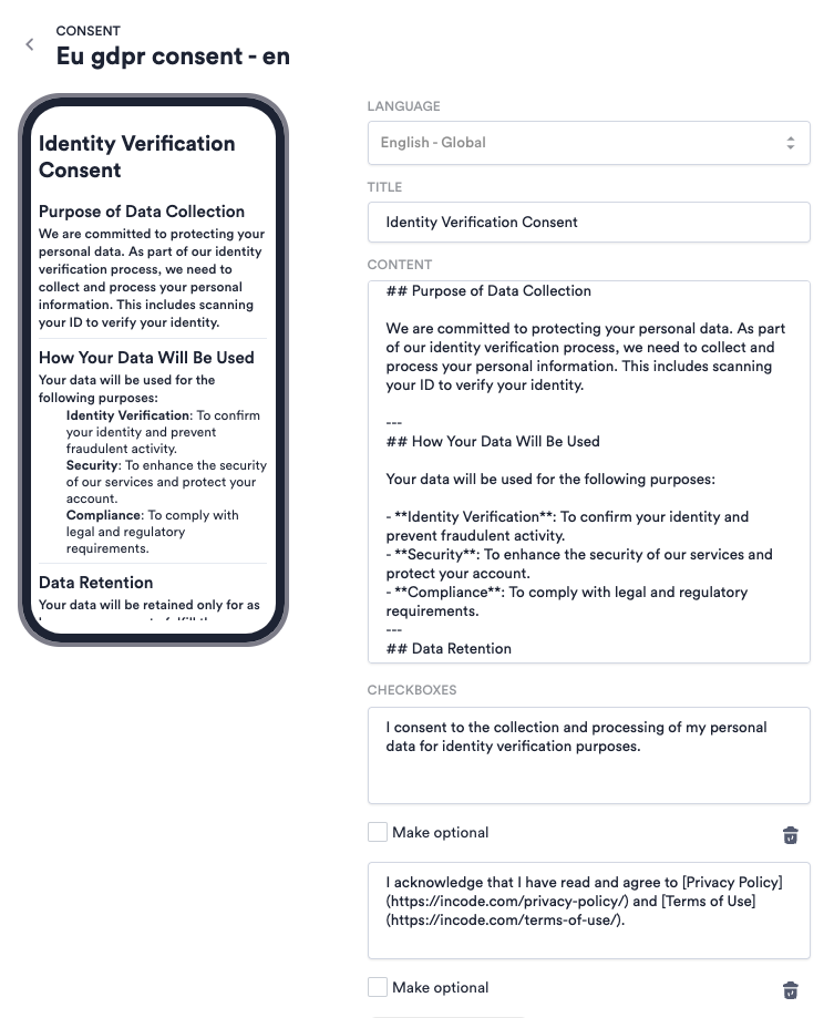 An example consent with a Title, Content, and Checkboxes configured.