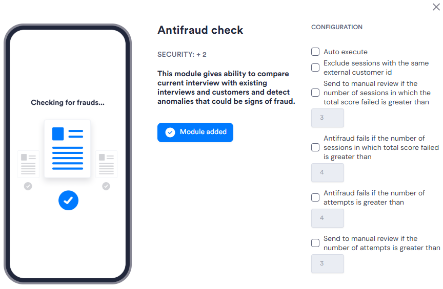 Image of Antifraud Check module configuration panel in Flows. Has six configuration options.