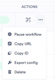 The three dots are clicked, and the following options appear: Pause Workflow, Copy URL, Copy ID, Export Config, and Delete.