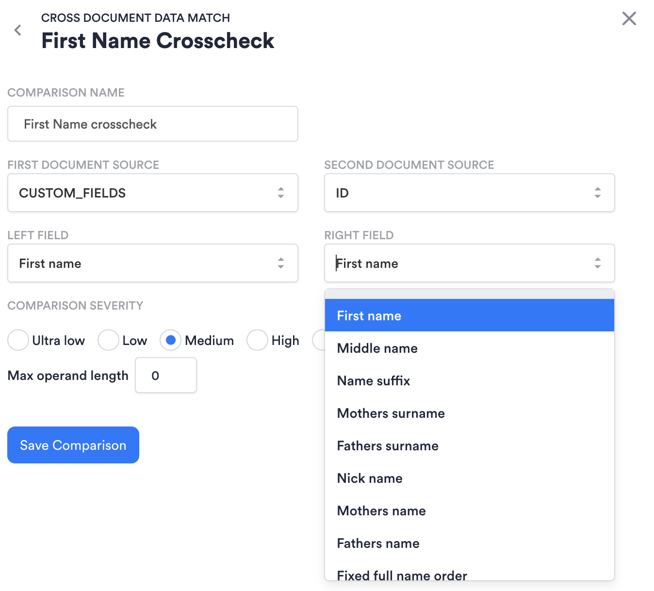 The configurable sources and fields for the Cross Check node.