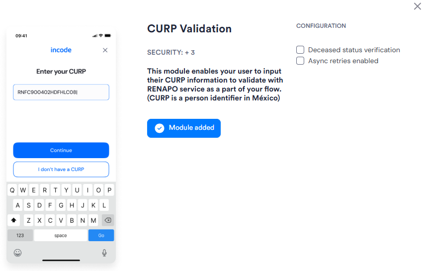 Image of CURP Validation module configuration in Flows. Has two configuration options..