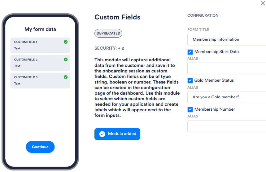 Image of Custom Fields module configuration in Flows. Has checboxes for each configured custom field.