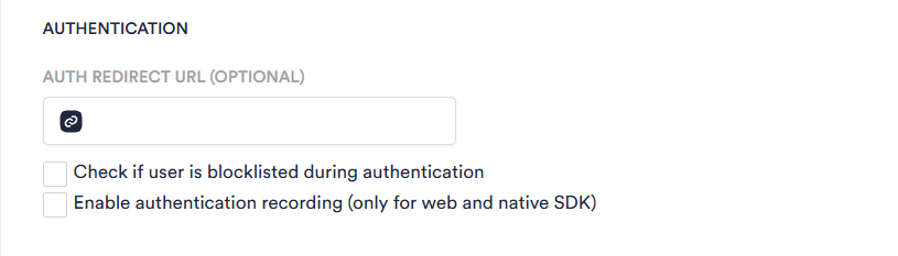 Authentication section of the General tab with an Auth Redirect URL field and checkboxes for blocklist and recording settings.