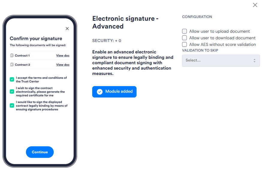 Image of the Advanced Electronic Signature module's configuration panel. Has four configuration options.