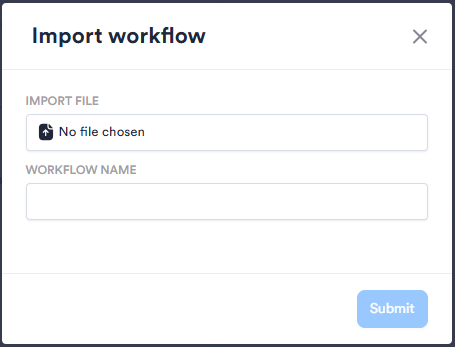 The fields in the Import pop-up include Import File and Workflow Name.