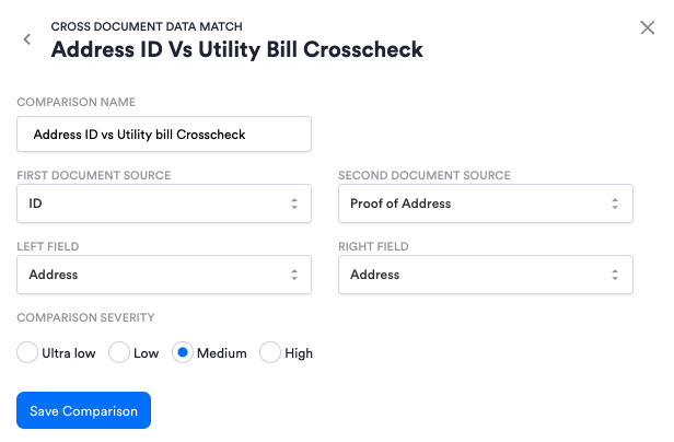 ID is the First document source, Proof of Address is the Second document source, and Address is both the Left and Right field.