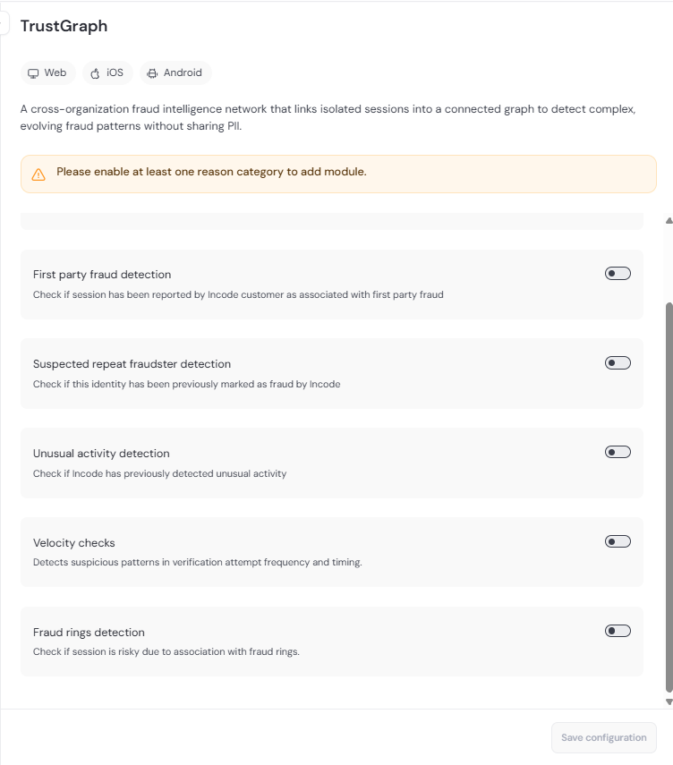 TrustGraph module configuration panel in Beta Dashboard with five fraud detection toggles (First Party Fraud, Suspected Repeat Fraudster, Unusual Activity, Velocity Checks, Fraud Rings), all disabled, and a warning to enable at least one reason category.